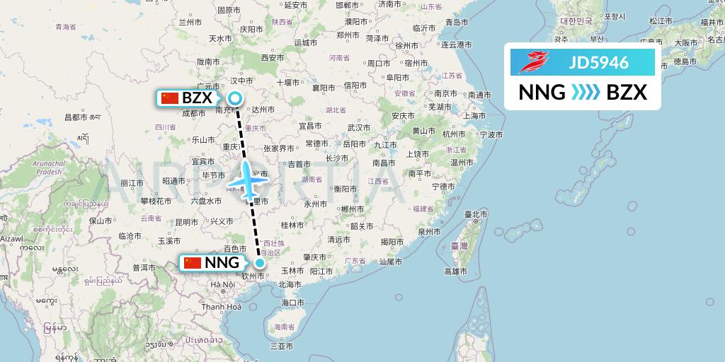 JD5946 Capital Airlines Flight Map: Nanning to Guangyuan