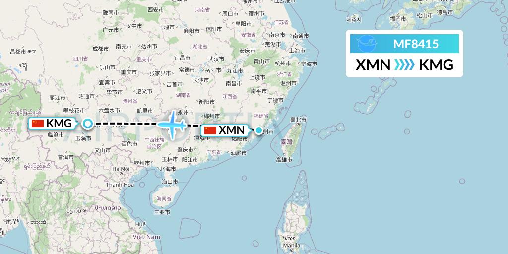 MF8415 Xiamen Airlines Flight Map: Xiamen to Kunming