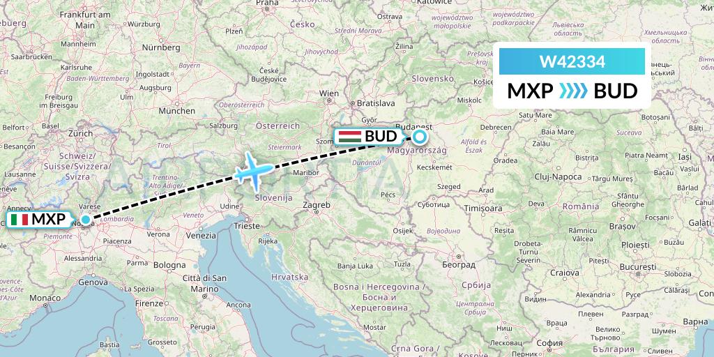 W42334 Wizz Air Malta Flight Map: Milan to Budapest
