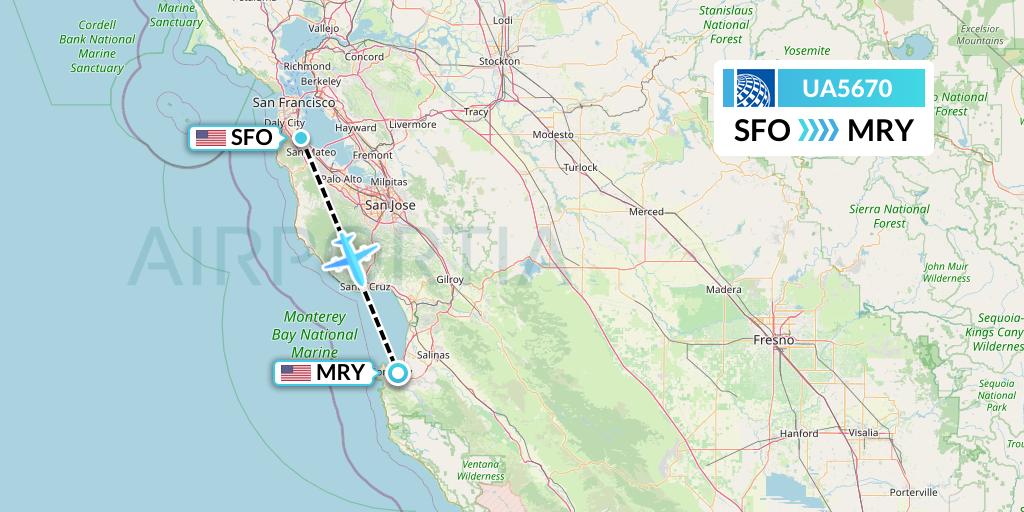 UA5670 United Airlines Flight Map: San Francisco to Monterey