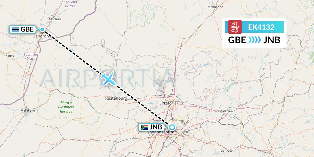 EK4132 Emirates Flight Map: Gaborone to Johannesburg
