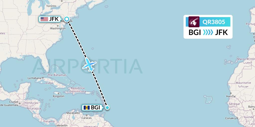 QR3805 Qatar Airways Flight Map: Bridgetown to New York