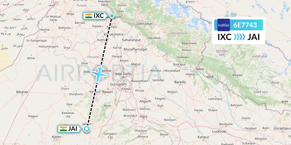 6E7743 IndiGo Airlines Flight Map: Chandigarh to Jaipur