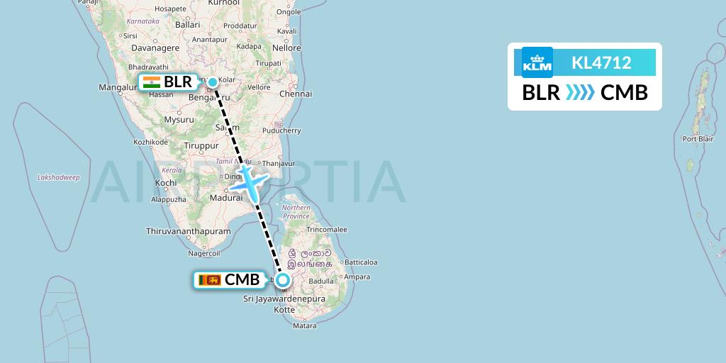 KL4712 KLM Flight Map: Bangalore to Colombo
