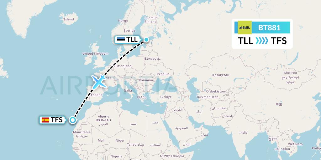 BT881 Air Baltic Flight Map: Tallinn to Tenerife