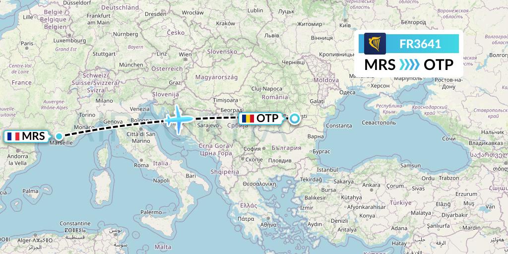 FR3641 Ryanair Flight Map: Marseille to Bucharest