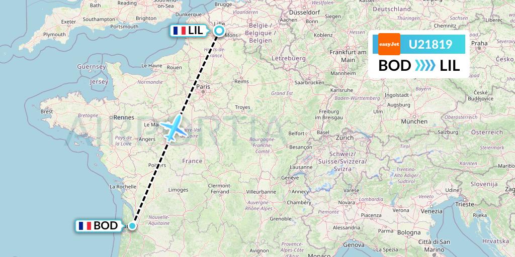 U21819 EasyJet Flight Map: Bordeaux to Lille