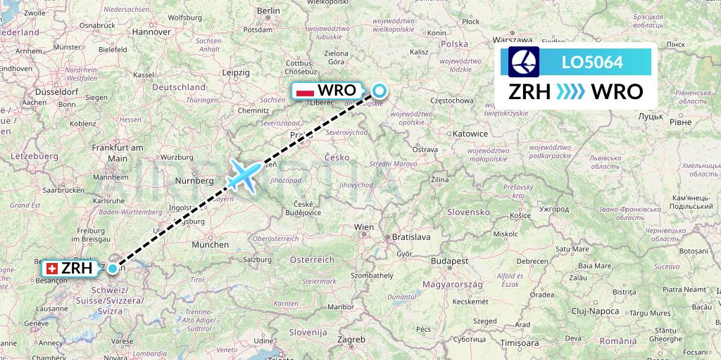LO5064 LOT Flight Map: Zurich to Wroclaw