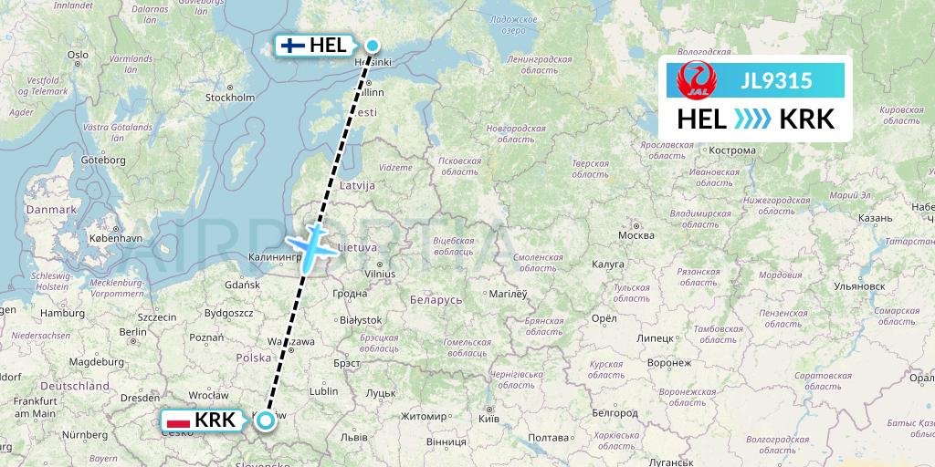 JL9315 Japan Airlines Flight Map: Helsinki to Krakow