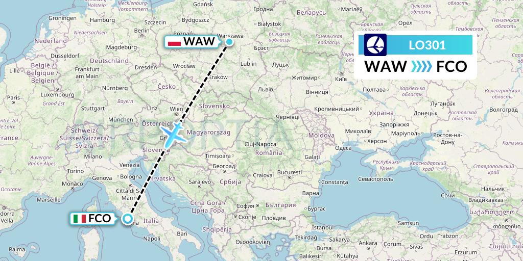 LO301 LOT Flight Map: Warsaw to Rome