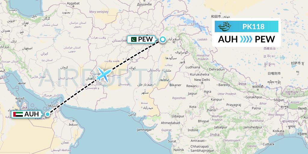PK118 Pakistan International Airlines Flight Map: Abu Dhabi to Peshawar