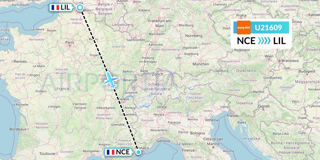 U21609 EasyJet Flight Map: Nice to Lille