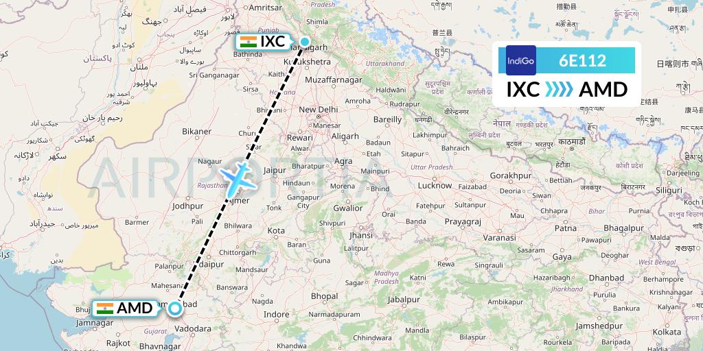 6E112 IndiGo Airlines Flight Map: Chandigarh to Ahmedabad