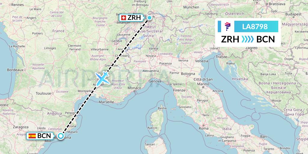 LA8798 LAN Airlines Flight Map: Zurich to Barcelona