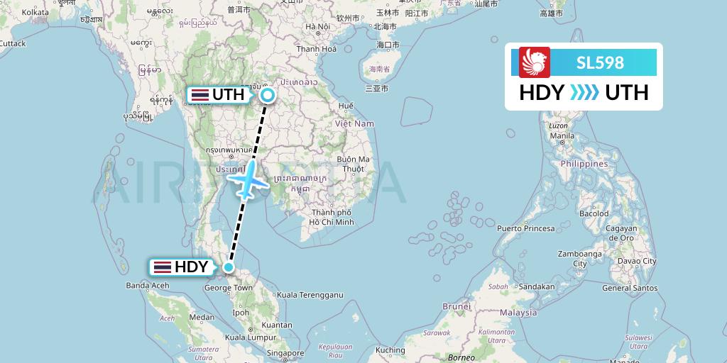 SL598 Thai Lion Air Flight Map: Hat Yai to Udon Thani