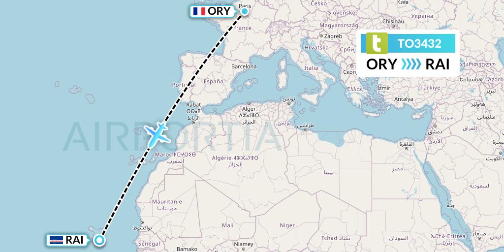TO3432 Transavia France Flight Map: Paris to Praia