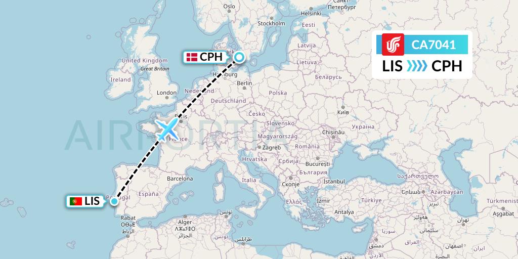 CA7041 Air China Flight Map: Lisbon to Copenhagen