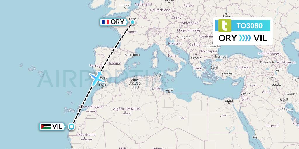 TO3080 Transavia France Flight Map: Paris to Dakhla
