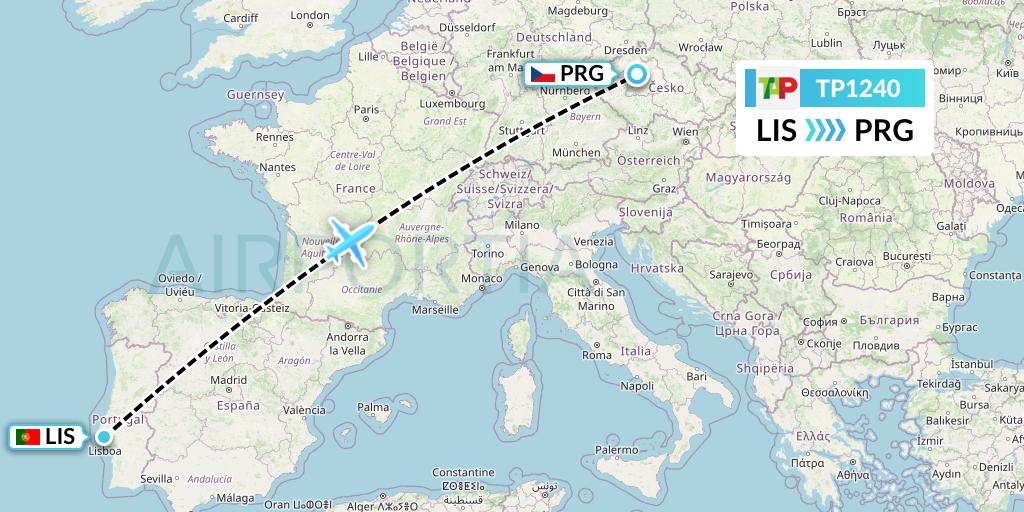 TP1240 TAP Portugal Flight Map: Lisbon to Prague