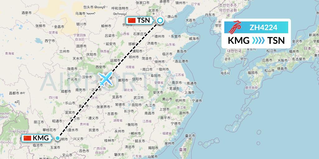 ZH4224 Shenzhen Airlines Flight Map: Kunming to Tianjin