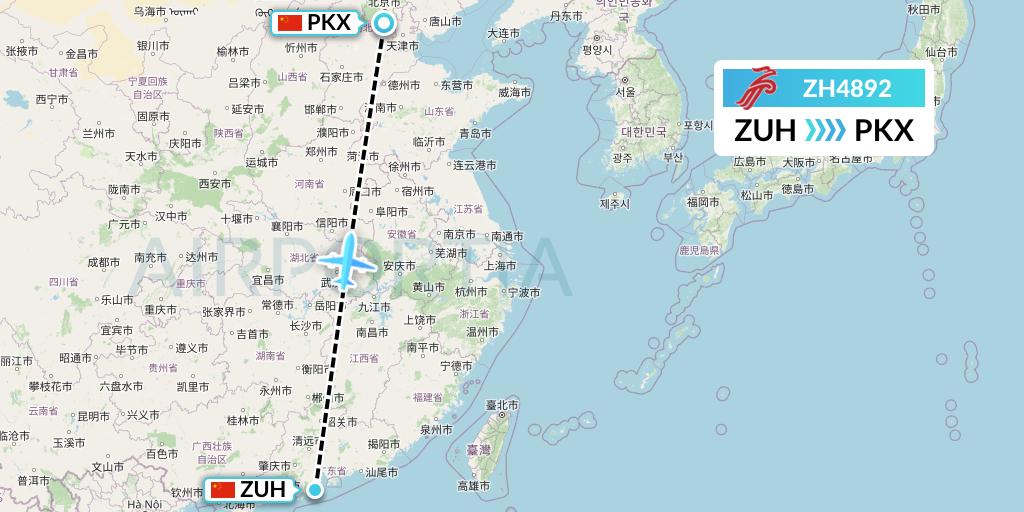 ZH4892 Shenzhen Airlines Flight Map: Zhuhai to Beijing