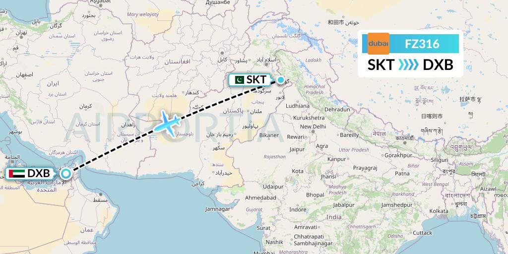 FZ316 FlyDubai Flight Map: Sialkot to Dubai