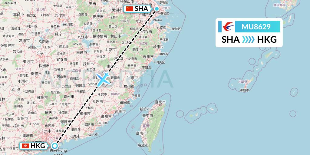 MU8629 China Eastern Airlines Flight Map: Shanghai to Hong Kong