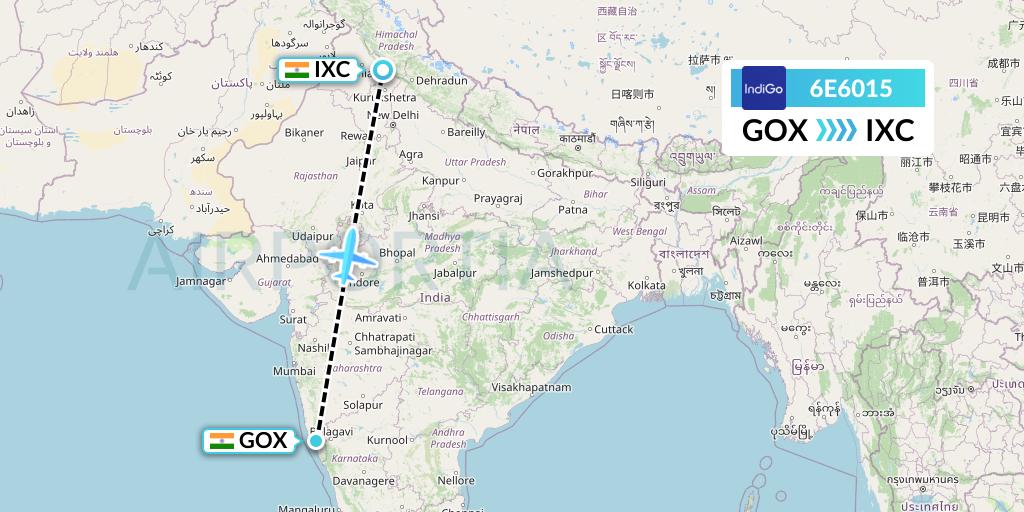 6E6015 IndiGo Airlines Flight Map: Goa to Chandigarh