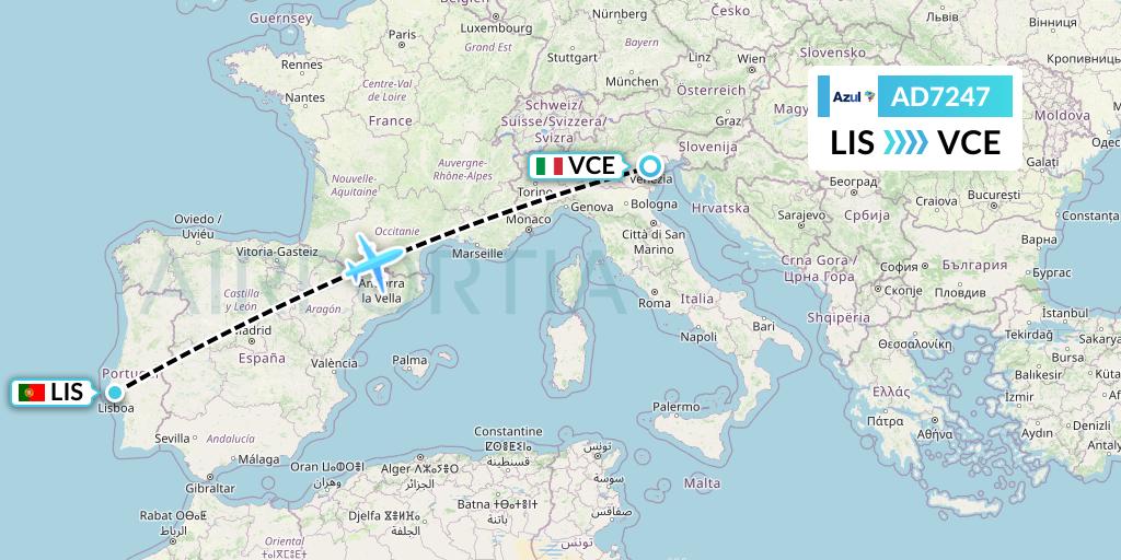 AD7247 Azul Brazilian Airlines Flight Map: Lisbon to Venice