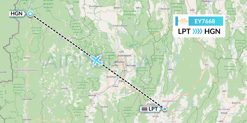 EY7668 Etihad Airways Flight Map: Lampang to Thailand