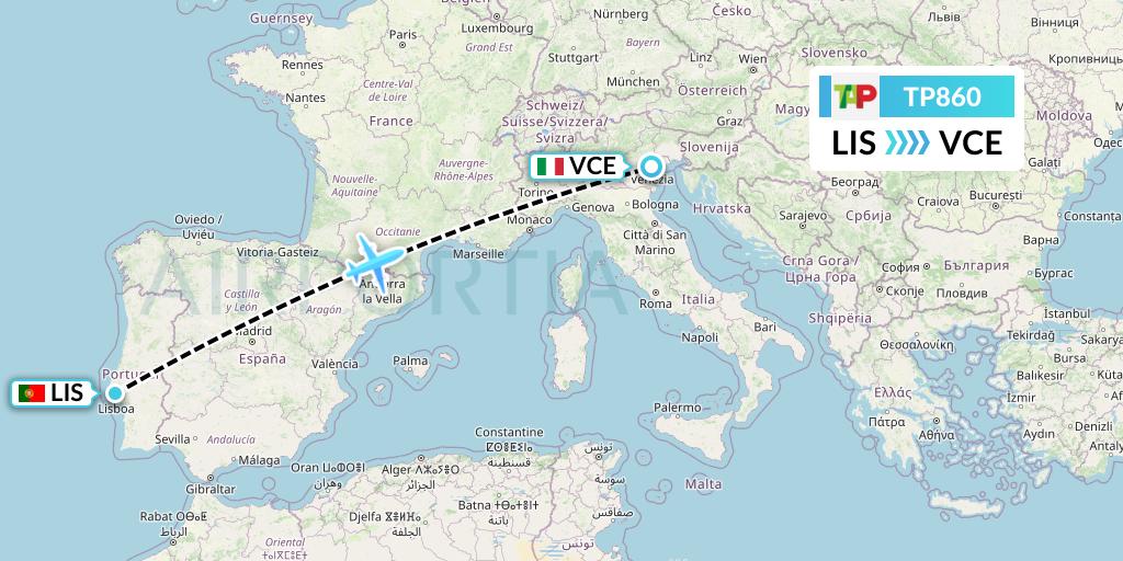 TP860 TAP Portugal Flight Map: Lisbon to Venice