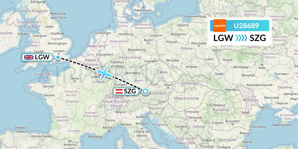 U28689 EasyJet Flight Map: London to Salzburg
