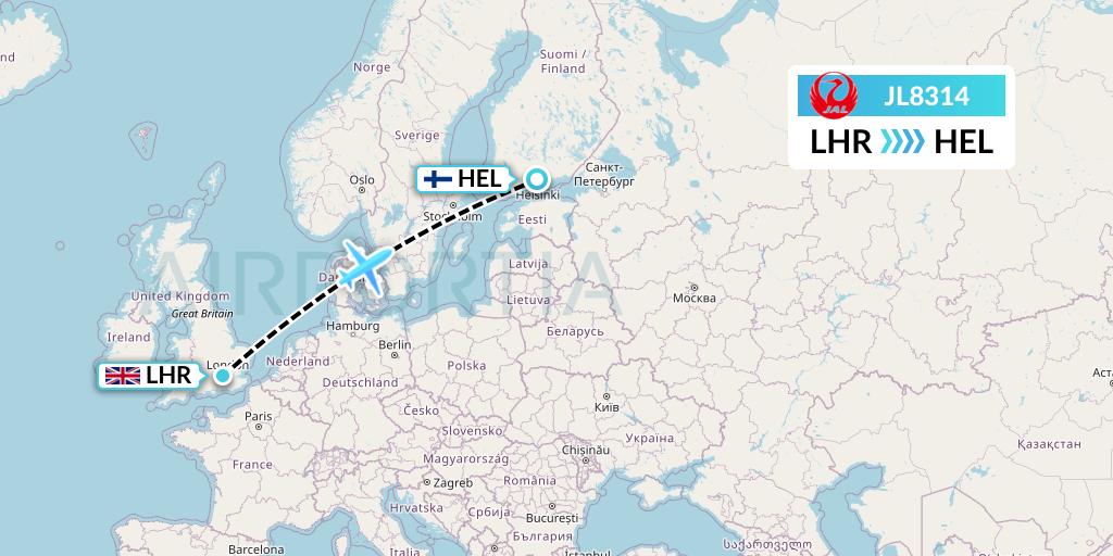 JL8314 Japan Airlines Flight Map: London to Helsinki