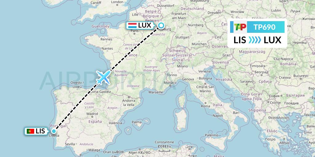 TP690 TAP Portugal Flight Map: Lisbon to Luxembourg