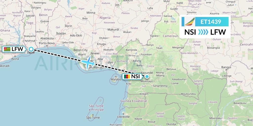 ET1439 Ethiopian Airlines Flight Map: Yaounde to Lome