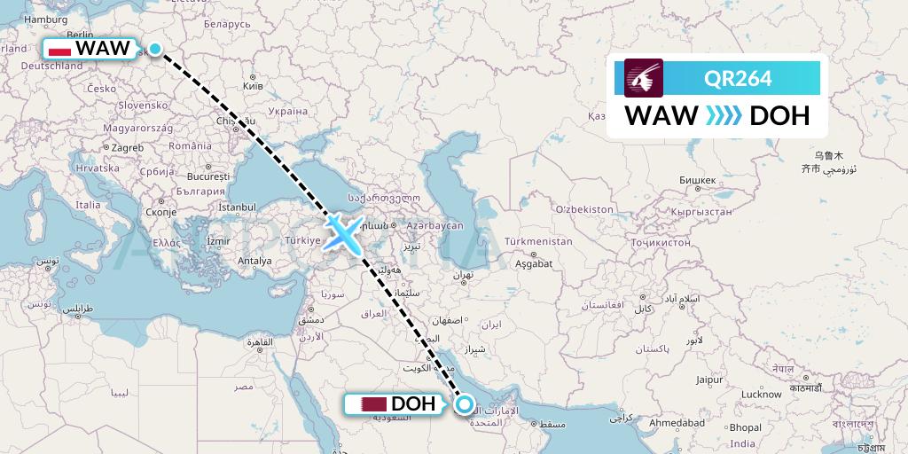QR264 Qatar Airways Flight Map: Warsaw to Doha