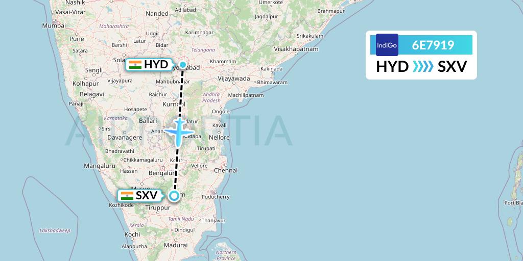 6E7919 IndiGo Airlines Flight Map: Hyderabad to India