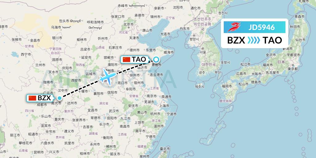 JD5946 Capital Airlines Flight Map: Guangyuan to Qingdao