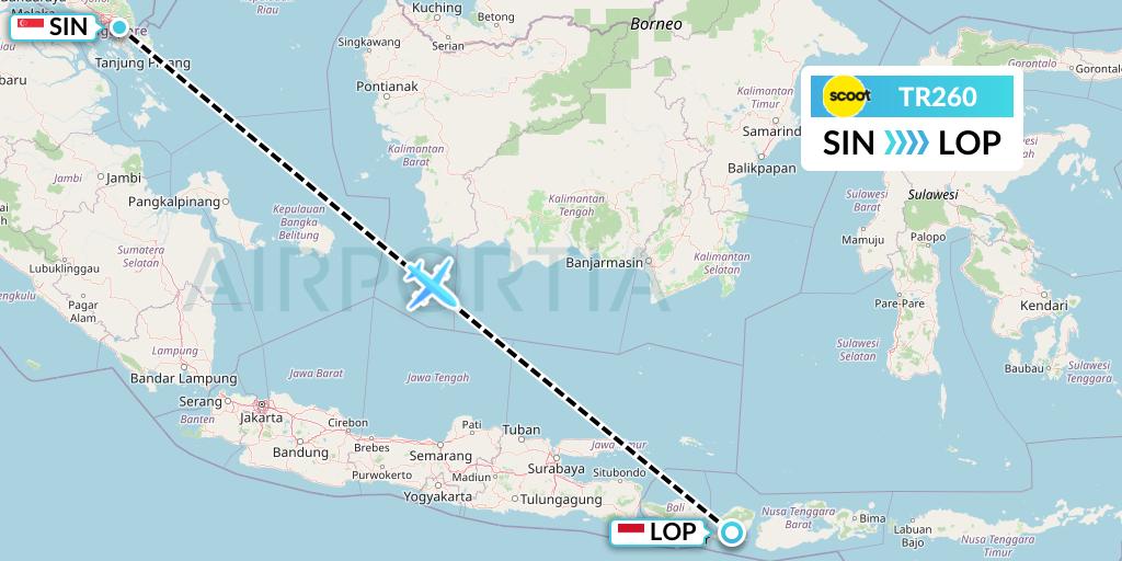TR260 Tigerair Flight Map: Singapore to Lombok