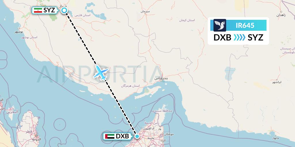 IR645 Iran Air Flight Map: Dubai to Shiraz