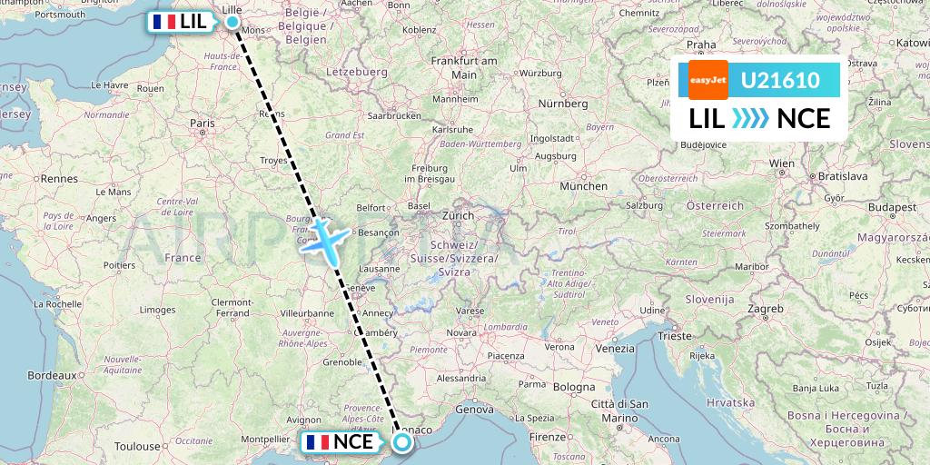 U21610 EasyJet Flight Map: Lille to Nice