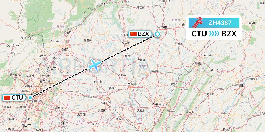 ZH4387 Shenzhen Airlines Flight Map: Chengdu to Guangyuan