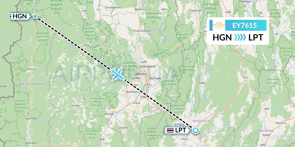 EY7615 Etihad Airways Flight Map: Thailand to Lampang