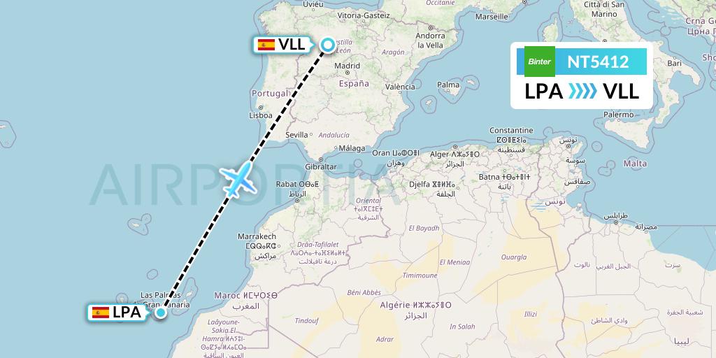 NT5412 Binter Canarias Flight Map: Las Palmas to Valladolid