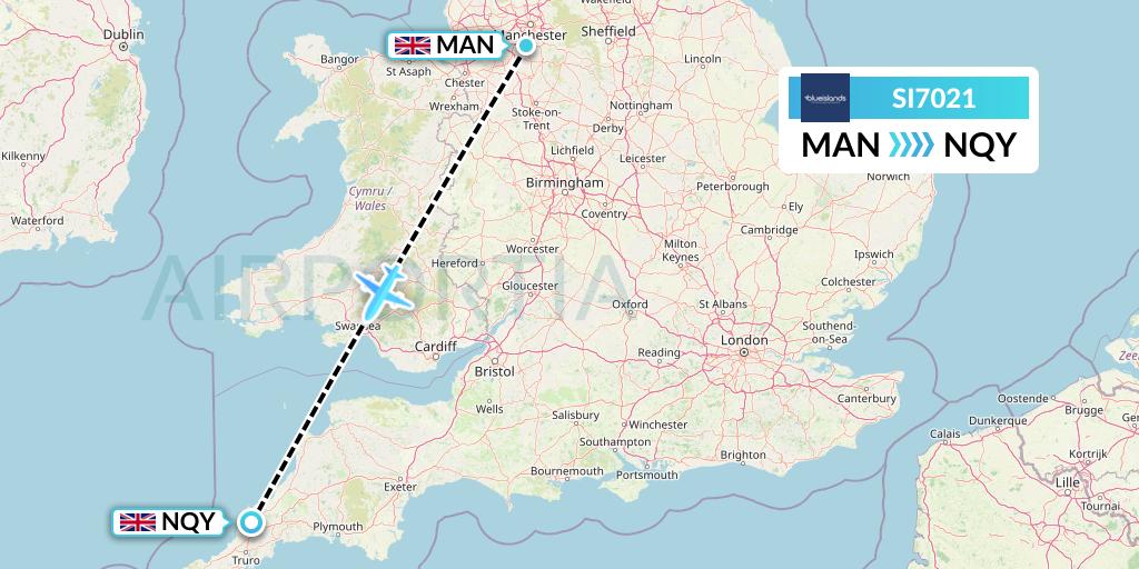 SI7021 Blue Islands Flight Map: Manchester to Newquay