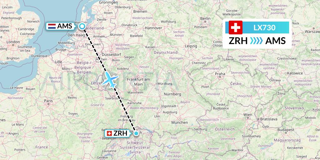 LX730 Swiss Flight Map: Zurich to Amsterdam
