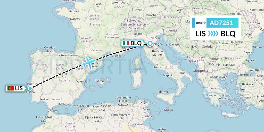 AD7251 Azul Brazilian Airlines Flight Map: Lisbon to Bologna