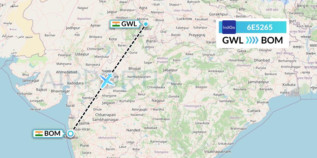 6E5265 IndiGo Airlines Flight Map: Gwalior to Mumbai