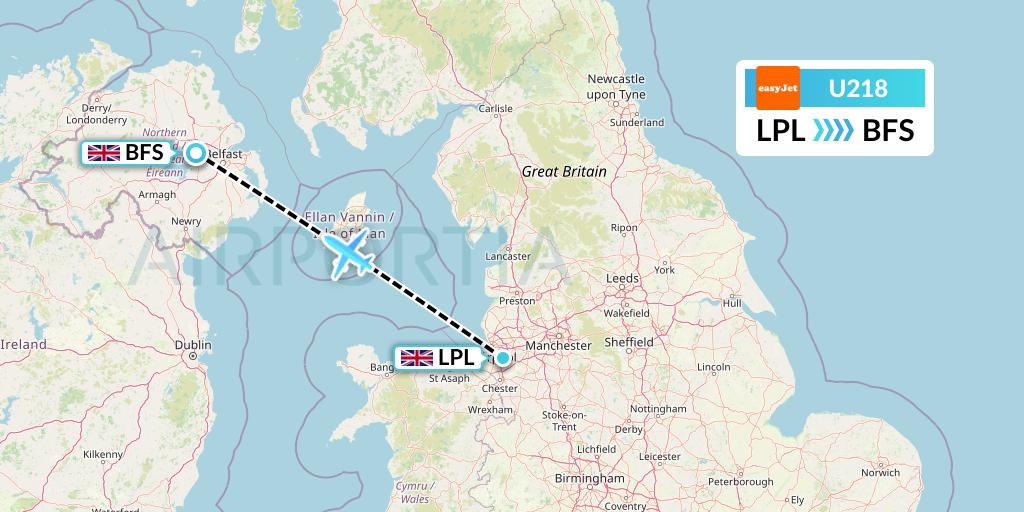 U218 EasyJet Flight Map: Liverpool to Belfast