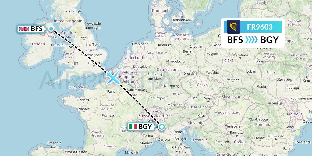 FR9603 Ryanair Flight Map: Belfast to Milan